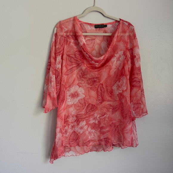 Picadilly Fashions Tops - Vintage Y2K Picadilly Sheer Pink Floral Fairy Cowl Neck Asymmetrical Blouse L
